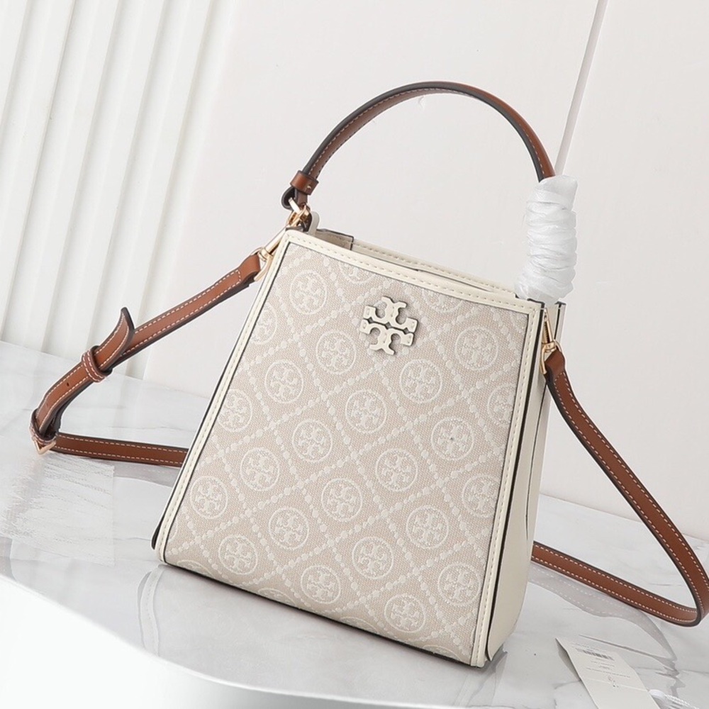 Tory Burch McGraw Beige T Monogram Bucket Bag with Top Handle